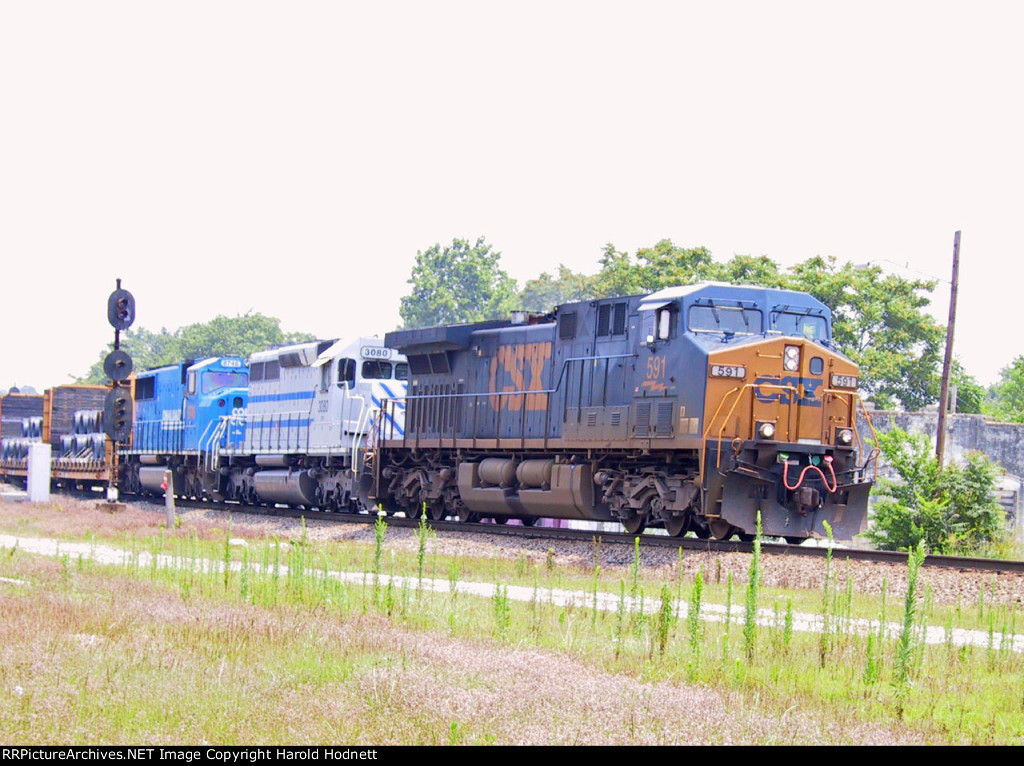 CSX 591 leads a lease unit an ex-CR unit eastbound out of the yard